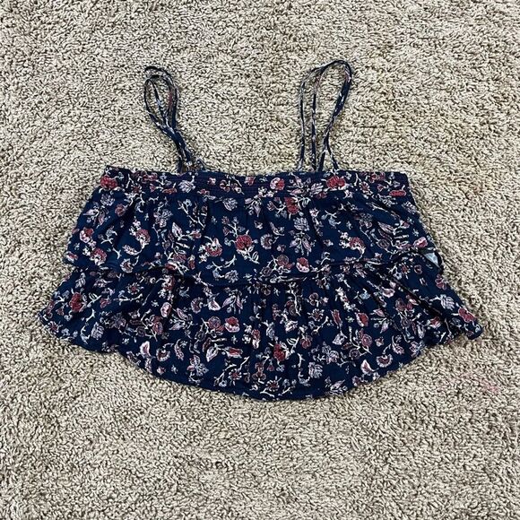 ZARA Floral Crop Top Womens Medium Boho Spaghetti Straps Tiered Ruffle Shirt - Picture 3 of 9